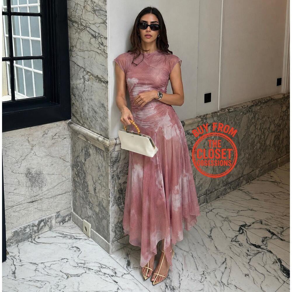 Zara NWT Pink Ruched Tulle Asymmetrical Midi Dress M - Picture 7 of 16